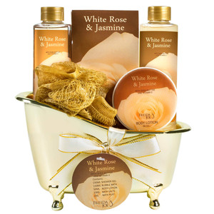 White Rose Jasmine Spa Set For Women in Elegant Gold Tub Includes Shower Gel, Bubble Bath, Body Lotion, Jasmine Bath Salt, Pouf, Award Winning Bath B
