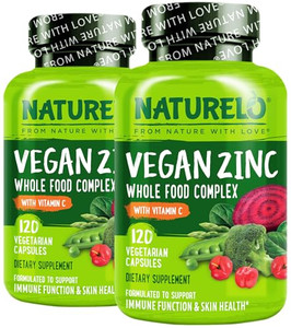 NATURELO Vegan Zinc Immune Support Capsules - Whole Food Complex with Vitamin C for Healthy Skin, Hair, and Nails - 120 Capsules (Pack of 2)