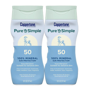 Coppertone Pure and Simple Zinc Oxide Mineral Sunscreen Lotion SPF 50, Water Resistant Sunscreen for Sensitive Skin, Hypoallergenic and Fragrance Fre