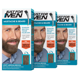 Just For Men Mustache & Beard, Beard Coloring for Gray Hair with Brush, with Keratin Biotin Aloe and Coconut Oil for Healthy Facial Hair - Light-Medi