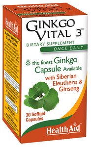 HealthAid Ginkgo Vital 3  Once-Daily Softgel with Ginkgo Biloba, Siberian Eleuthero & Korean Ginseng | Supports Mental Clarity & Circulation | 30 So