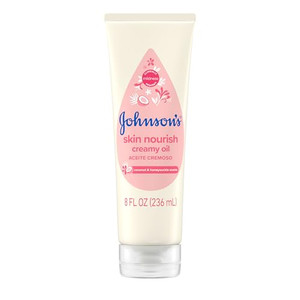 Johnson's Skin Nourish Creamy Baby Oil for Dry Skin with Coconut & Honeysuckle Scent, Rich & Creamy Baby Body Oil Moisturizes for 24 Hours & Helps Pr