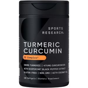 Sports Research® Turmeric Curcumin C3 Complex® w/BioPerine Black Pepper Extract & Organic Coconut Oil - Standardized 95% Curcuminoids · Non-GMO · Glu
