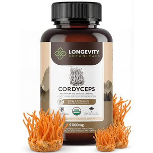 Organic Cordyceps Mushroom Capsules Supplement (120) | Pure Fruiting Body 10:1 High Strength Extract | 30% Beta-D Glucans | 9,000mg Raw Equivalent Pe
