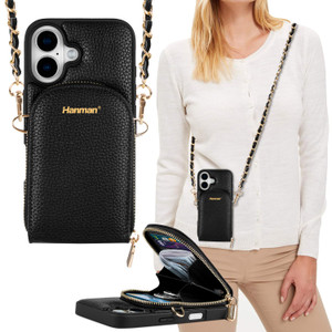 Hanman Crossbody Wallet Case for iPhone 16 Plus, RFID Blocking PU Leather Zipper Handbag Purse Cover Suitable for iPhone 16 Plus, Leather Wallet Case