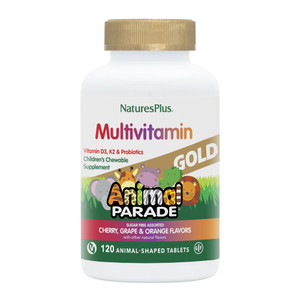 NaturesPlus Animal Parade Gold Children's Multivitamin - 120 Animal-Shaped Chewable Tablets - Assorted Cherry, Orange & Grape Flavors - Vegan, Gluten