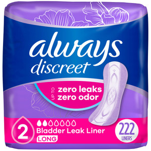 Always Discreet Incontinence Panty Liners for Women with Bladder Leaks, Size 2, Very Light Absorbency, Long Length, 111 CT x 2 Packs (222 Total Count