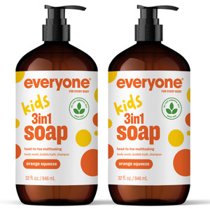 Everyone 3-in-1 Kids Soap, Body Wash, Bubble Bath, Shampoo, 32 Ounce (Pack of 2), Orange Squeeze, Coconut Cleanser with Organic Plant Extracts and Pu