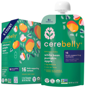 Cerebelly Organic Baby Food Pouches, White Bean Pumpkin Apple Purees, 16 Nutrients, No Added Sugar, Fiber & Non-GMO, 4oz, 6 Pack