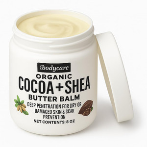 ibodycare Organic Raw Shea Butter Cocoa Butter Body Balm with Coconut Oil, 8 oz Unrefined Natural Body Butter Blend for Women, Men, Kids, and All Ski