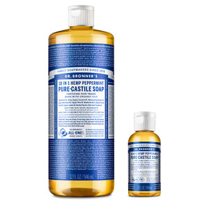 Dr. Bronner's - Pure-Castile Liquid Soap (Peppermint, 32 ounce and 2oz bundle) - Made with Organic Oils, 18-in-1 Uses: Face, Body, Hair, Laundry, Pet