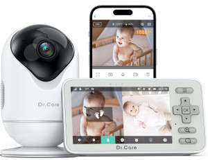 Dr.Care VistaView Lite Smart WiFi Baby Monitor - 4 720P Split Screen & 1080P Camera App Control, Motion Alerts, HD Night Vision, 3000mAh Battery, 2-
