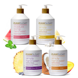 RAW SUGAR Hand Wash Variety Bundle - Lemon Sugar, Watermelon + Fresh Mint, Pineapple + Maqui Berry + Coconut & Raw Coconut + Mango, Formulated withou