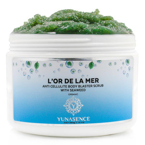 YUNASENCE L'OR DE LA MER Organic Anti Cellulite Body Blaster Scrub with Sea Salt, Seaweed, Lemongrass 13oz Smoothing Exfoliating Moisturizing Skin Ma