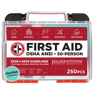 Be Smart Get Prepared OSHA/ANSI First Aid Kit - 50 Person, 250 Pieces - Designed for Home, Business, School, Industrial, and Restaurants - Compact &