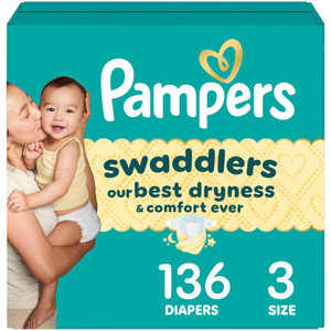 Pampers Swaddlers Diapers, Size 3 (13-26 lbs), 136 Count, Absorbent, Keeps Baby Dry and Comfortable, Skin Safe Disposable Baby Diaper (Packaging May