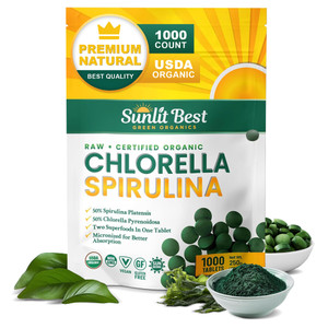 Sunlit Best Chlorella Spirulina Tablets - Organic USDA, Premium Spirulina and Chlorella Tablets 1000 Count - Sun Chlorella Pure Natural Superfood wit
