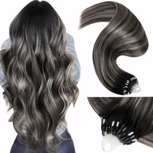LaaVoo Microlink Hair Extensions Human Hair Ombre Black Microbead Hair Extensions Human Hair Off Black Balayage Grey Silver Micro Loop Hair Exrension