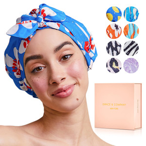 GRACE & COMPANY Luxury Shower Cap For Women - 100% Waterproof, Reusable, Washable & Breathable Shower Caps - Gramercy