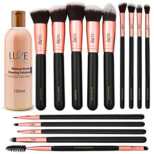Luxe Premium Makeup Brushes Set for Face and Eye - Synthetic Brushes for Foundation, Powder, Blush, Eyeshadow - Brush Cleaning Solution Included - Pe