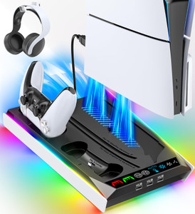PS5/Slim/Pro Stand for Disc & Digital Console, PS5 Cooling & Charging Station with RGB Lights, PS5 Controller Charger Built-in 3 Level & AUTO Adjusta