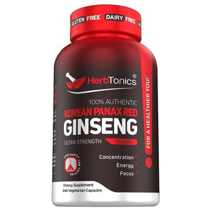 Herbtonics Korean Red Panax Ginseng 1500mg - Energy Supplement for Peak Performance, Focus & Vitality - High Potency Ginseng Root Extract - 240 Vegan