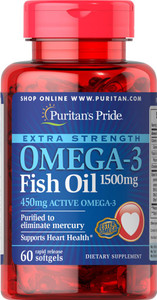 Puritans Pride Extra Strength Omega-3 Fish Oil 1500 Mg 450 Mg Active Omega-3 Softgels, 60 Count