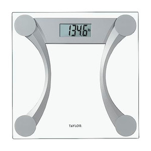 Taylor 400 Lb. Capacity Clear Glass Digital Bathroom Scale with Metallic Accents, 11.8-inch x 11.8-inch Platform, Silver