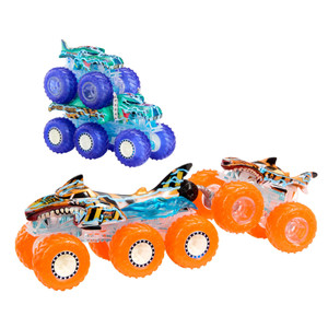 Hot Wheels Monster Trucks Multipack, 1:64 Scale Mega-Wrex & Tiger Shark Toy Trucks with Big Rigs in Matching Power Smashers Deco