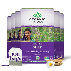 ORGANIC INDIA Tulsi Sleep Herbal Tea - Holy Basil, Ashwagandha, Chamomile, Night Time Tea for Bedtime, Stress Relieving & Relaxing, Immune Support, U