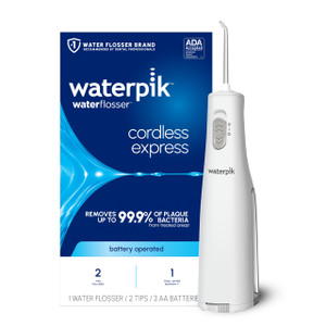 Waterpik Cordless Express Water Flosser, Battery Operated & Portable for Travel & Home, ADA Accepted, Waterproof for Shower Use, White WF-02, Packagi