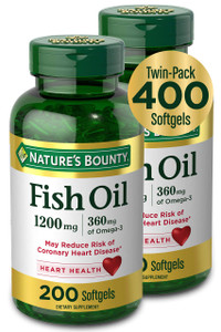 Nature's Bounty Fish Oil, Dietary Supplement with 360mg Omega-3, Supports Heart Health, 1200mg, 200 Softgels (Pack of 2)