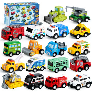 JOYIN 18 Pcs Pull Back City Cars and Trucks Toy Vehicles Set, Friction Powered Cars Toys for Toddlers, Kids Stocking Stuffers, Treasure Box Gifts for