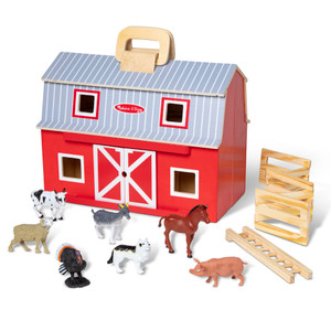 Melissa & Doug Fold and Go Wooden Barn with 7 Animal Play Figures - Farm Animals Barn Toy, Portable Toys, Farm Toys for Kids and Toddlers Ages 3+