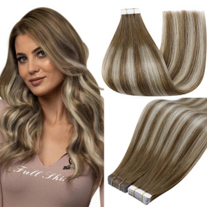 Full Shine Balayage Tape in Hair Extensions Straight Human Hair Extensions 14 Inch Invisible PU Tape in Extensions 6 Chestnut Brown Ombre to 60 Plati