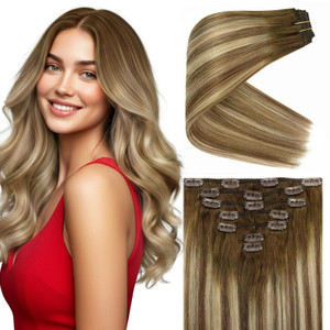 Ve Sunny Clip in Hair Extensions Human Hair Light Brown Balayage Hair Extensions Clip ins Ombre Blonde Remy Human Hair Clip in Extensions Full Head 1