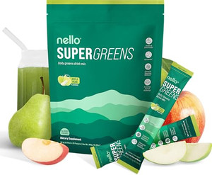 Nello Supergreens Superfood Drink Mix with Chlorella, Moringa, Spinach, Broccoli, Digestive Enzymes, and Probiotics  Apple Pear Flavor, 20 Servings,