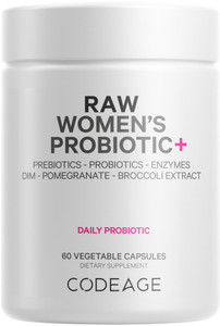 Codeage Raw Womens Probiotic+ Supplement - 34 Probiotic Strains, 100 Billion CFUs, Digestive Enzymes, Prebiotic Blend, DIM, Herbal Extracts, Phytonu