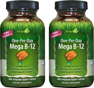 Irwin Naturals One-Per-Day Mega B-12 1,500mcg High Potency Methylcobalamin Vitamin - Fast Enhanced Absorption with MCT + Asian Ginseng - Natural Ener