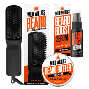 Wild Willies Beard Grooming Kit - Beard Straightener for Men, PROGRO - Fortified with Biotin & Caffeine for Hair Growth, Wash, Hydration - Ionic 2-in