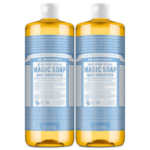 Dr. Bronner's Magic Soap-Pure-Castile Liquid Soap (Baby Unscented, 32 ounce, 2-Pack)-Regenerative Organic Certified Oils, 18-in-1 Uses: Body, Laundry