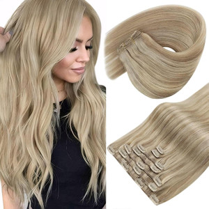 Sunny Hair Clip in Hair Extensions Real Human Hair Remy Hair Clip in Extensions for Women Human Hair Extensions Dark Golden Blonde Highlights Light B
