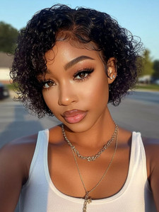 KLAIYI Short Bob Curly Wig with Bangs Human Hair Pixie Cut Wig Bouncy Curls Wear and Go Glueless Wigs for Black Women Brazilian Hair No Lace Front Af