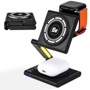 Fast Wireless Charging Station, Foldable for Travel w/Light, Modern All Aluminum Alloy Body, 4 in 1 Charger Compatible with MagSafe for Apple iPhone