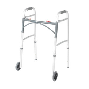 Drive Medical Two-Button Folding Walker w/ Wheels - Lightweight Rolling Mobility Support - Desk Arms - Adjustable Height - Dual Push Operation - 5 In