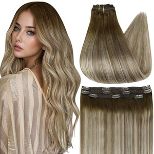 Full Shine Ombre Clip in Extensions Medium Brown to Ash Brown Mix Dirty Blonde 18 Inch Straight Clip in Hair Extensions Real Human Hair Invisible Lac