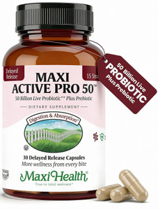 Maxi Health Probiotic Plus Ultimate Prebiotic Advanced Live Probiotics Formula - 50 Billion Live Active Probiotic - 15 Strains - Ultra Protection - A