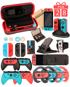 Switch Accessories - Family Bundle Accessories for Nintendo Switch, Carry Case& Screen Protector,4 Pack Joy Con Grips and Steering Wheels, Case Cover