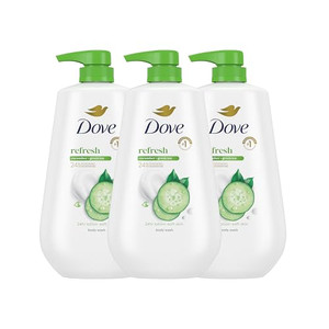 Dove Body Wash with Pump 3 Count Refresh Cucumber and Green Tea for 24hr Lotion-Soft Skin Moisturizing Skin Cleanser with No Sulfates No Parabens