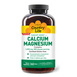 Country Life Target-Mins Calcium Magnesium Supplement for Bone Health, 1000mg Calcium, 500mg Magnesium, Gluten Free, 2:1 Ratio for Optimal Utilizatio